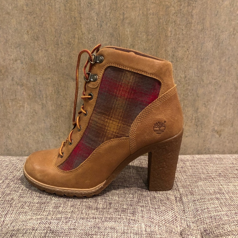Timberland Brown and Red Heeled Boots with Plaid Accents
